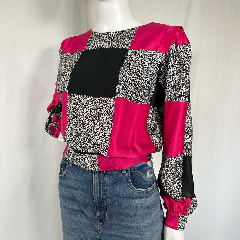 Vintage 90s Lloyd Williams Black, White and Hot Pink Color Block Blouse